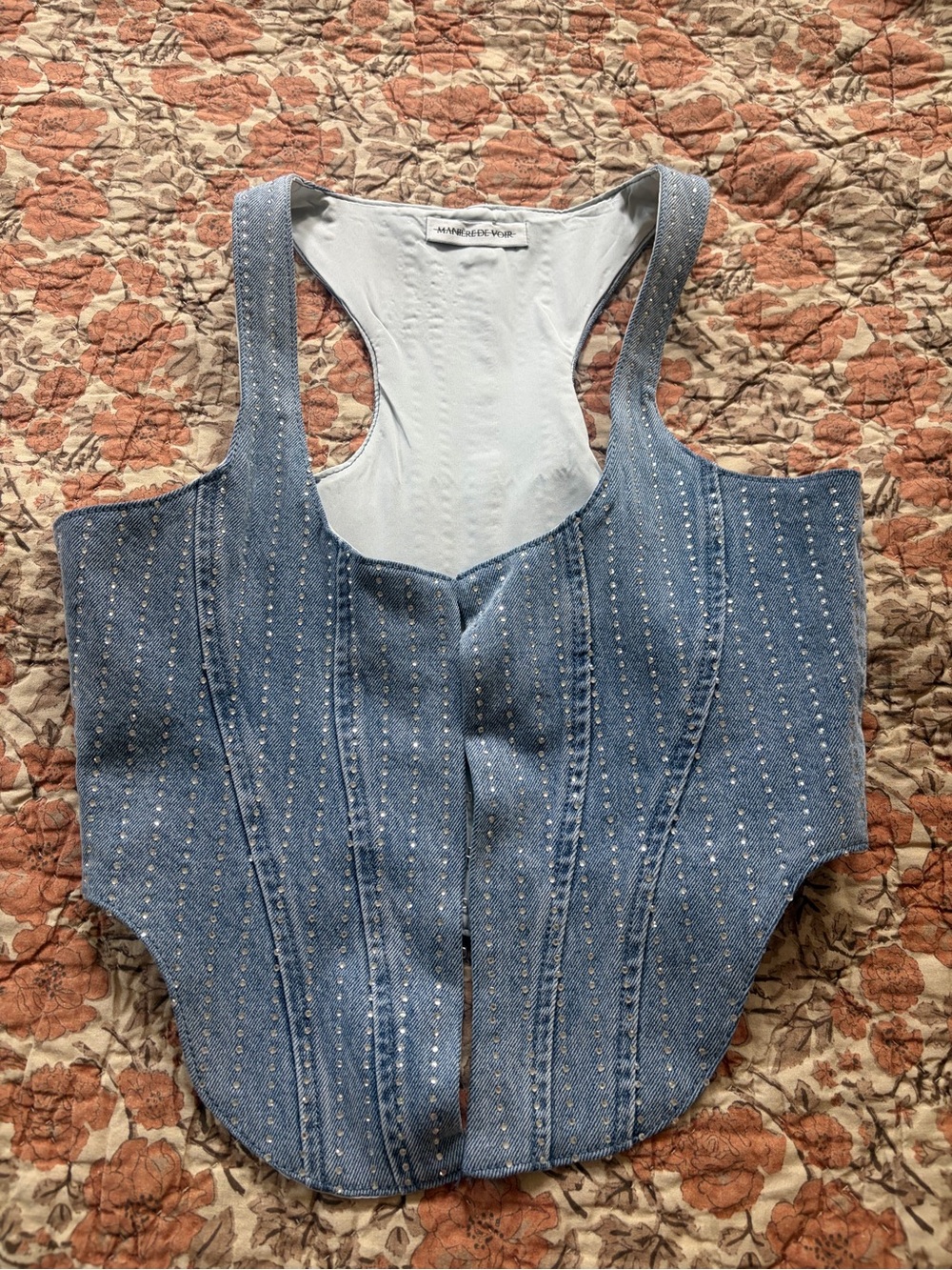 Maniere De Voir Light Blue Denim Corset Tank Top with Rhinestone Detailing